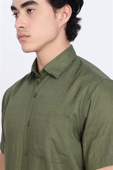 Men’s Olive Green Half Sleeve Linen Shirt – 100% Pure Linen | Linen Cu