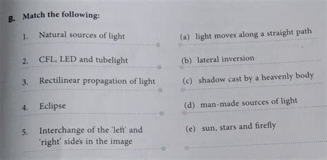 B. Match the following:1.Natural sources of light(a) light moves along ...