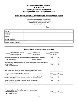 Fillable Online candorcsd NON-INSTRUCTIONAL SUBSTITUTE APPLICATION FORM ...