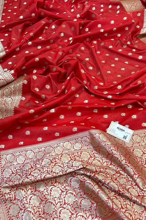 Dark Peach Ghonga Buti Katan Silk Banarasi Saree – Mohsin Textiles