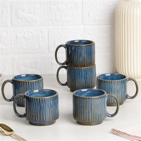 The Earth Store Glam Blue Fringe Premium Ceramic Cup Set of 6 for Tea ...