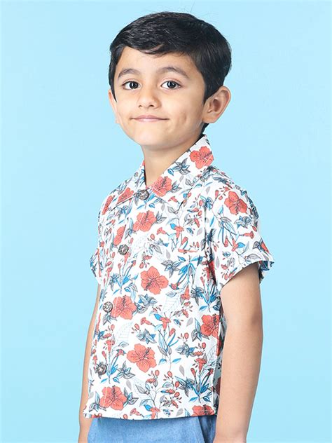 Cutiekins Boys Tropical Print Shirt -Off White & Rust