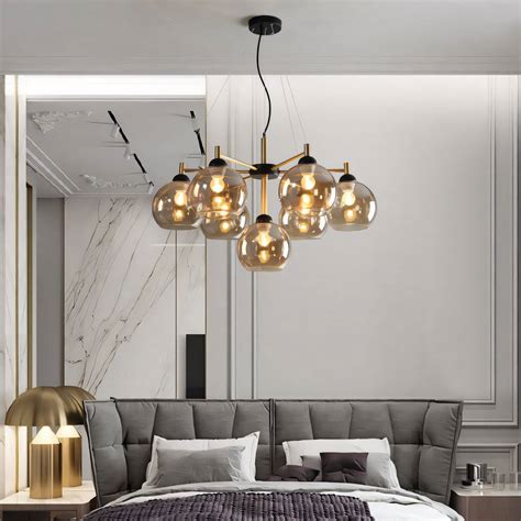 7 Light Gold Black Amber Glass Chandelier Ceiling Hanging Lights – The ...