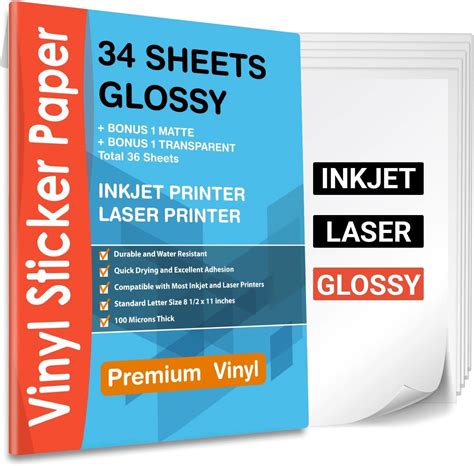 Printable Vinyl Sticker Paper for Inkjet & Laser Printer - 34 Sheets ...