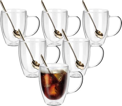 Amazon.com: JNSMFC Double Walled Glass Coffee Mugs with 6 Spoons,350ML ...