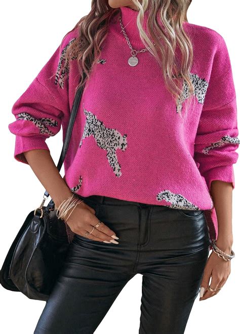 WDIRARA Women's Leopard Print High Neck Long Sleeve Sweater Casual Knit ...