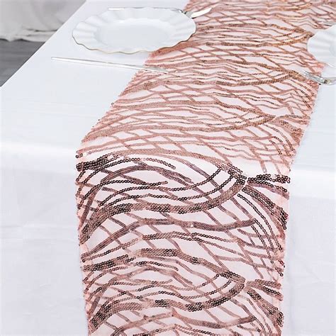 12x108 in Mesh Wavy Embroidered Sequins Table Runner, Color: Blush ...