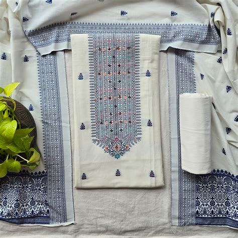 AARVI-Jamdani White With Blue Embroidered Design Suit – Sanskruti
