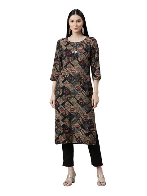 Neerus Black Ethnic Printed Cotton Straight Kurta for Casual Daily Wear ...