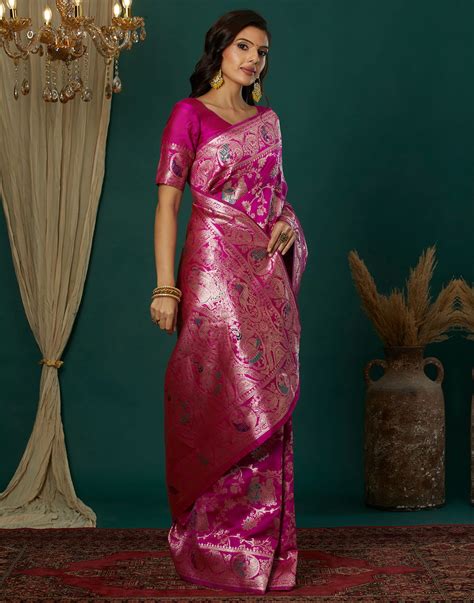 Pink Silk Blend Woven Banarasi Saree – Sudathi