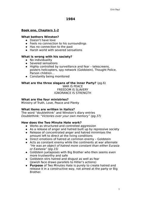 009 1984 - Summary Questions - 1984 Book one, Chapters 1- What bothers ...