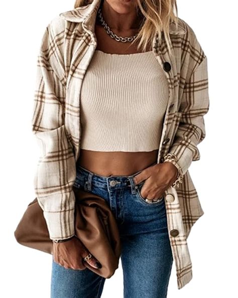 Buy Peaceglad Women's Lapel Long Sleeve Plaid Shirt Pocket Jacket ...