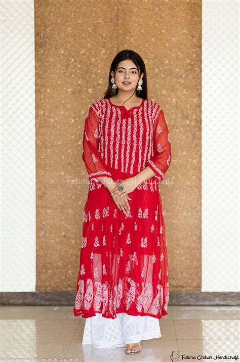 Aadila Red 56 Kali Georgette Chikankari Anarkali | Buy Online