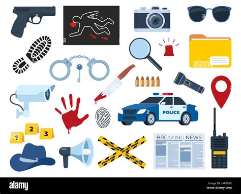 Murder investigation icon set. Police detective equipment. Investigation tools. Crime symbols ...