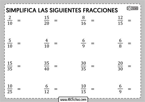 Ejercicios de Simplifiación de Fracciones para Imprimir