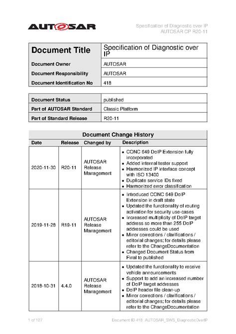 AUTOSAR CP R20- Specification of Diagnostic over IP (DoIP) - Studocu