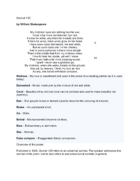 Sonnet 130 - Sonnet 130 by William Shakespeare My mistress' eyes are ...