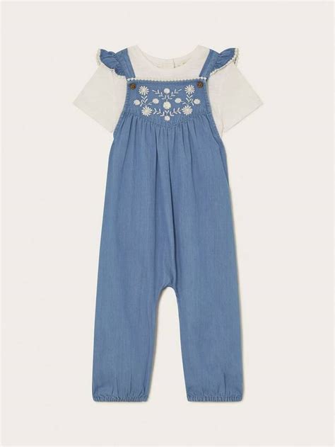 Monsoon Baby Chambray Dungarees, Blue, 0-3 months