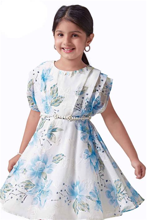 Elegant Blue Floral Printed And Embroidered Frock With Pearl Waist Ban ...