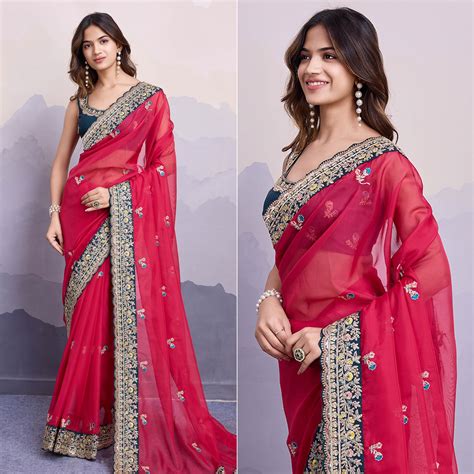 Rani Pink Floral Sequins Embroidered Organza Saree With Lace Border