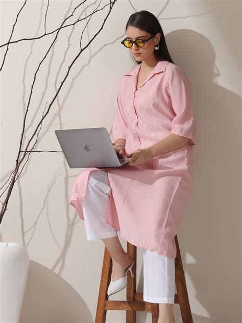 Women's Pink AirSkin Paneled Kurta with Triangle Beads and Pants | 2 P ...