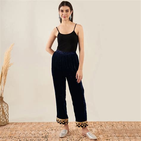Blue Silk Velvet Straight Pants with Mirror Lace Detail – First Resort ...
