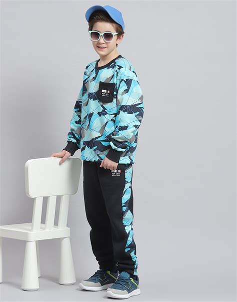 Buy Boys Aqua Blue Printed Round Neck Full Sleeve Tracksuit Online in ...