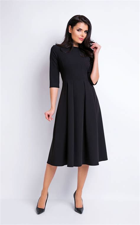 Black Elegant Midi Dress With 3/4 Sleeves | AWAMA | SilkFred US ...