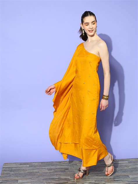 Mustard Mirror Work One Shoulder Kurta Set