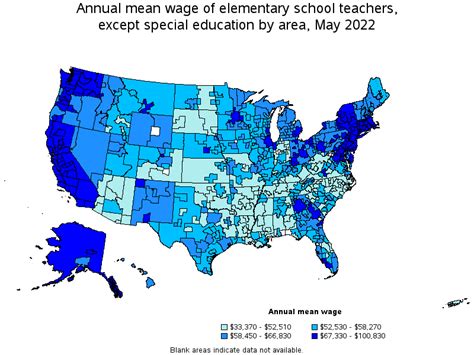 Map of annual mean wages of elementary school teachers, except special ...