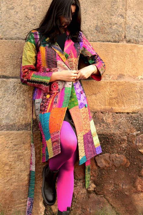 Hennessy - Enigmatic Multicolour Patola Silk Patchwork Kantha Trench ...