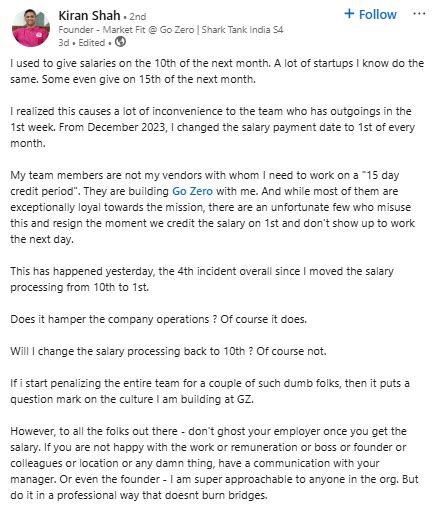 Mumbai startup founder's 'don't ghost after payday' post sparks ...