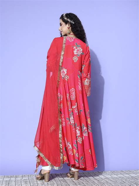 Pink Floral Printed V-Neck, Anarkali Kurta Paired With Tonal Chiffon ...