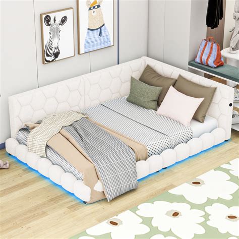 Full Size Platform Bed with USB Ports & LED Lights Belt, Upholstered ...