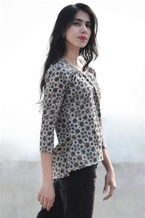 Ivory Indigo Red Ajrak Block Printed Cotton High Low Top - T24F1206 ...