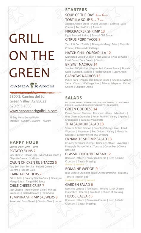 Menu at Grill On the Green restaurant, Green Valley