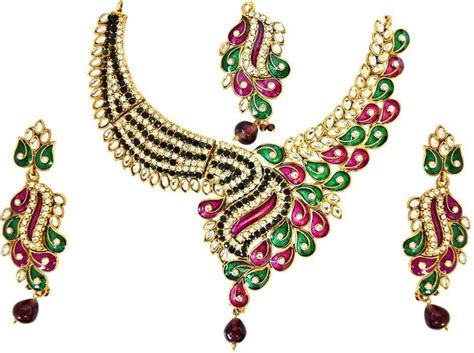 Surat Diamond Metal Gold-plated Pink, Green, Gold Jewellery Set Price ...