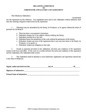 Fillable Online OKLAHOMA ADDENDUM TO INDEMNITOR APPLICATION AND ...