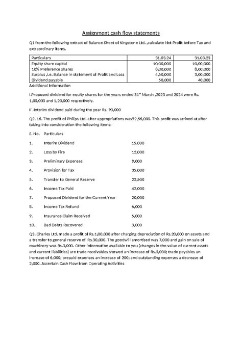 Assignment cash flow statements - ,calculate Net Profit before Tax and ...