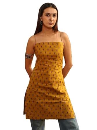 Buy Nishorama Mustard Parna Sleeveless Ajrak Print Kurti, Cotton Long ...