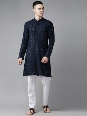 Buy See Designs Mens Navy Blue Floral Embroidered Sequined Rayon Kurta ...