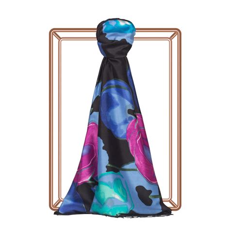 Black Sax Blue Poppy Print Silk Scarf | Ipekevi