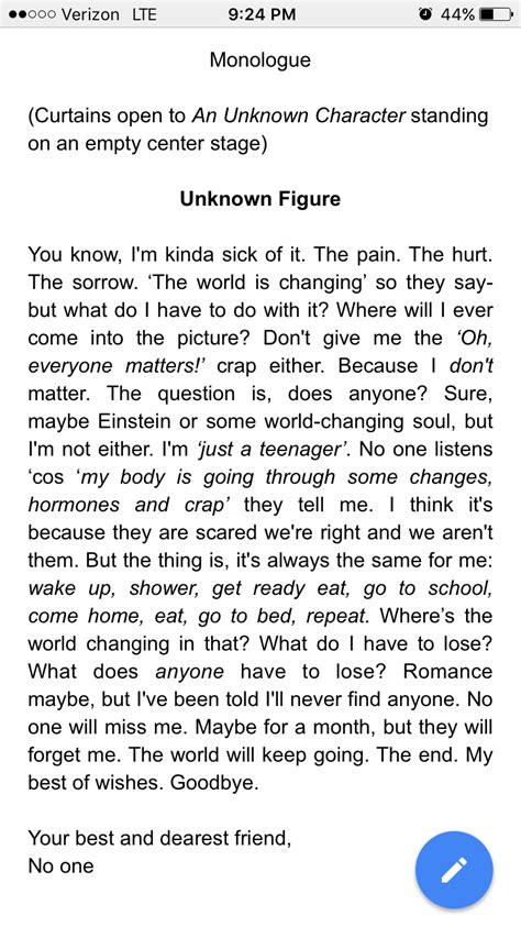 Image result for Monologue Examples Simple