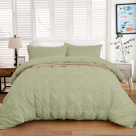 Luxury Green Pintuck Duvet Cover King Size 3 Pieces Pinch Pleat Bedding ...
