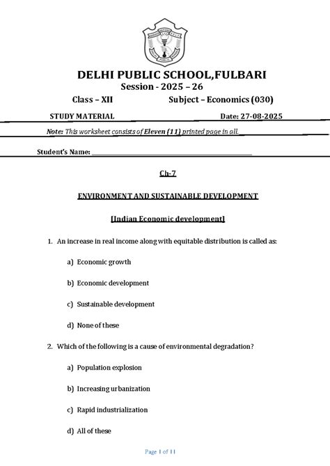 Class XII Economics (030) Study Material: Environment & Sustainable ...
