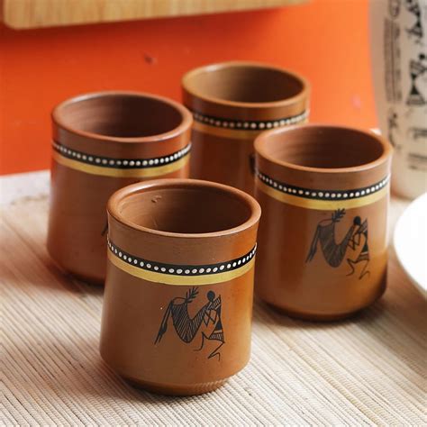 Buy VarEesha Hand Painted Warli Terracotta Long Kulhads Set of Four ...