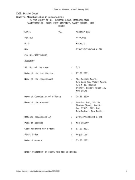 State vs Manohar Lal on 13 January 2021 - Delhi District Court State vs ...