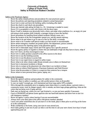 Fillable Online socialwork uky Checklist Student Safety in Practicum ...