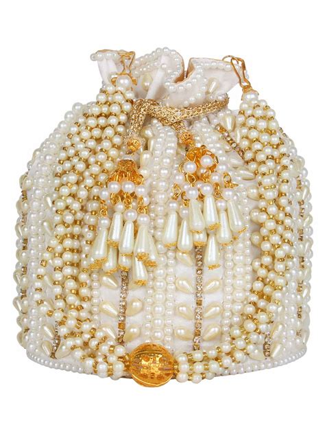 Anekaant White & Gold Dangle Embellished Faux Silk Potli