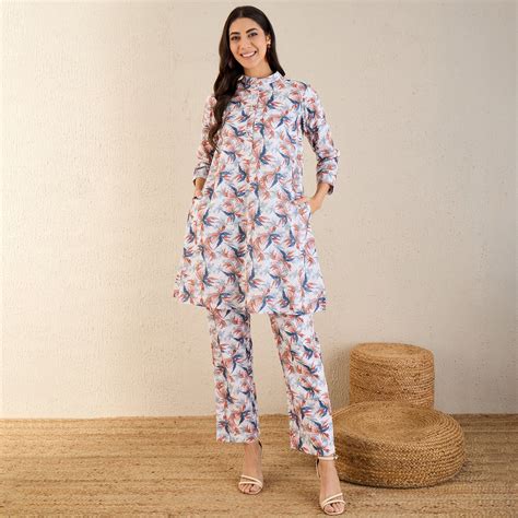 White and Indigo Blue Botanical Print Schiffli Co-ordinate Set – First ...